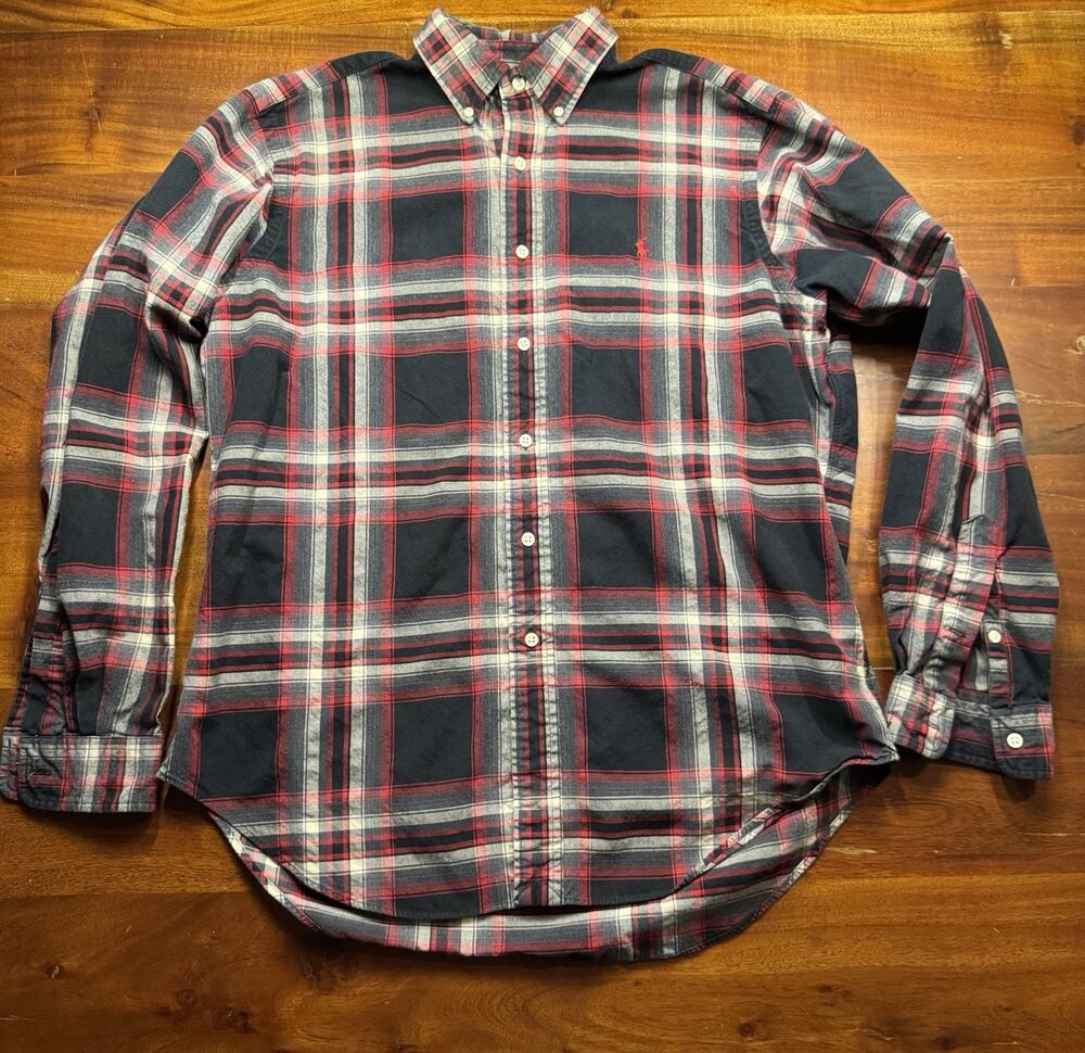 Ralph Lauren Oxford Button Down Shirt Mens Sz Large Red Black Plaid Classic Fit